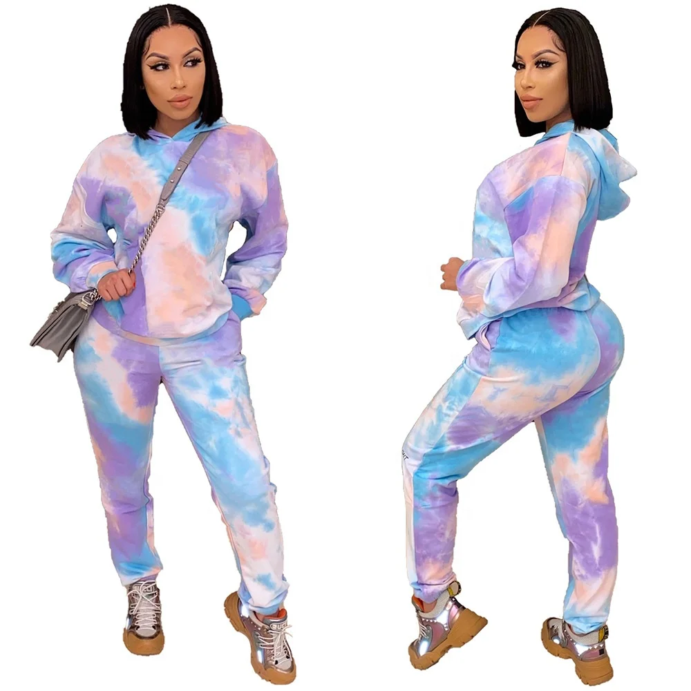 

DLL Casual Autumn Fall Spring Tie Dye Elastic Waist gym Hoodie Sweatsuit 2 Piece Sets for Women, As picture or customized make