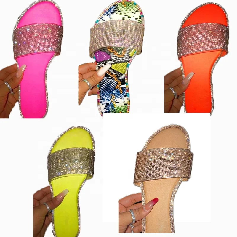 

New Summer Women Crystal Slippers Glitter Flat Soft Bling Female Candy Color Rhinestone Slides Hot Beach Shoes, Sliver pink yellow orange khaki colorful