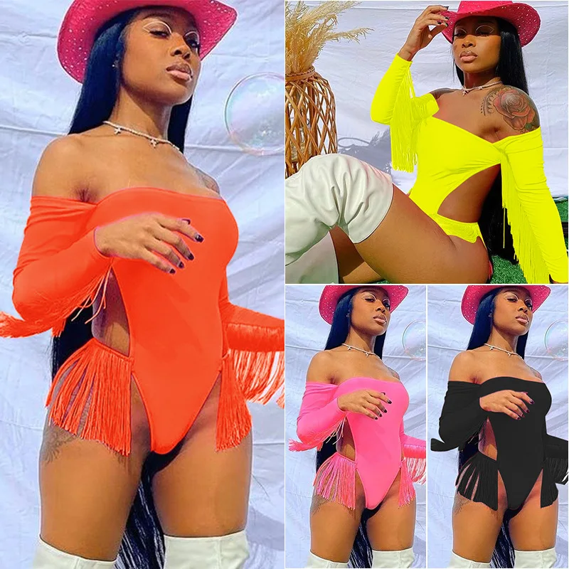 

Solid Tassel Summer Swimsuit Cutout Bodysuit Swim One Piece Swimming Dress For Ladies Sexi Woman Top Swimwear -PT, Black,orange,pink,green