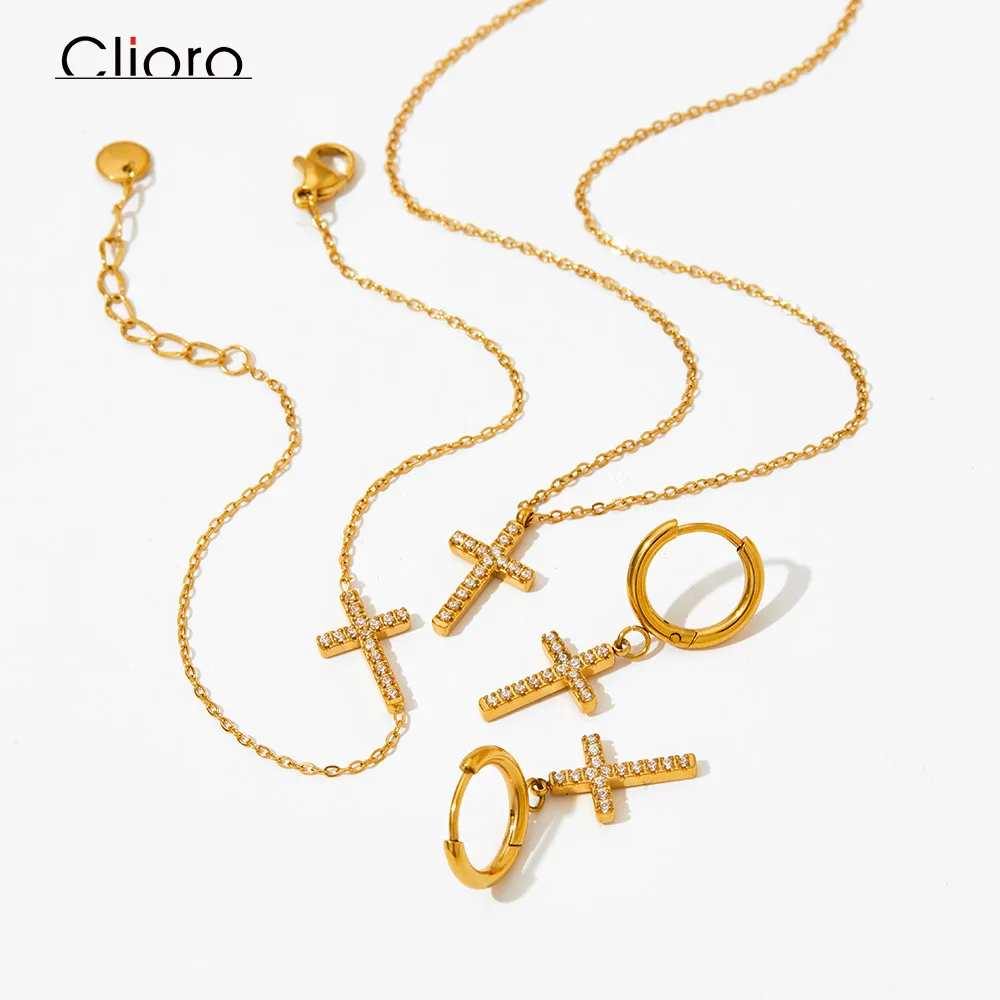 

Dainty Shining Zircon Inlaid Cross Pendant Stainless Steel Jewelry Set For Women Gold Plated Necklace Hoop Earrings Bracelet