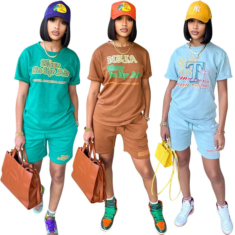 

2022 Women Summer Casual Two Piece Set Letter Print Short Sleeve T-shirt and Short Pants 2 Piece Set Family Matching Outfits, Picture shown