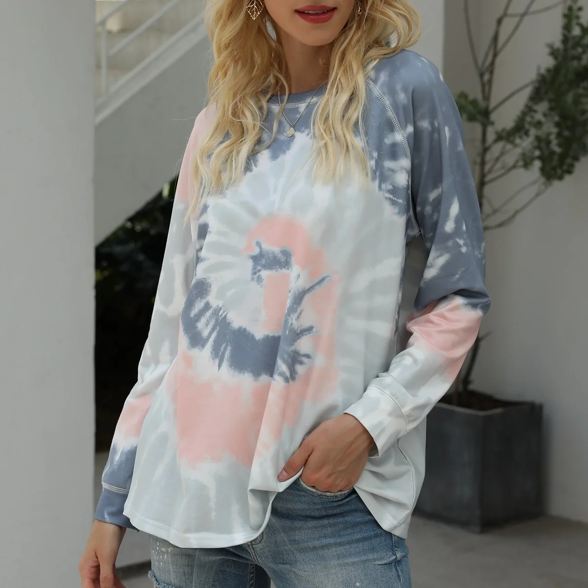 

Wholesale Women Tie Dye Shirt Mix Color Girls Casual Shirt Long Sleeve O-neck Custom Printing Fancy Shirt 2020 Women New Top, Gray, purple, red, yellow, orange, blue