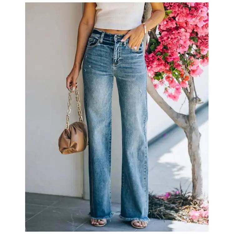 

PEARL Woman Jeans 2021 Summer Streetwear Straight Trousers Washed Mid Waist Ladies Jeans