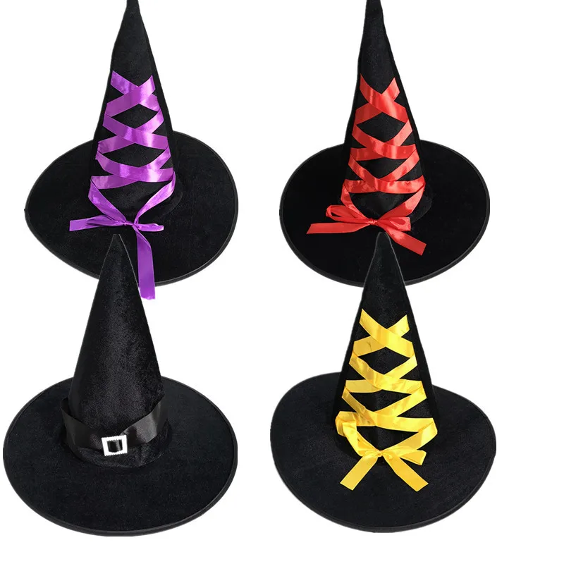 

2021 Halloween Party Witch Hat Costume Accessory Black Velour With Colorful Golden velvet ribbon