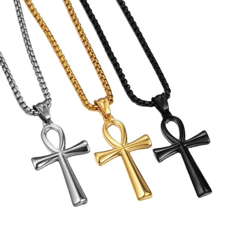 

Stainless Steel Box Chain Egyptian Symbol of Life Ankh Necklace Silver Gold Plated Ankh Cross Pendant Necklace for Religion