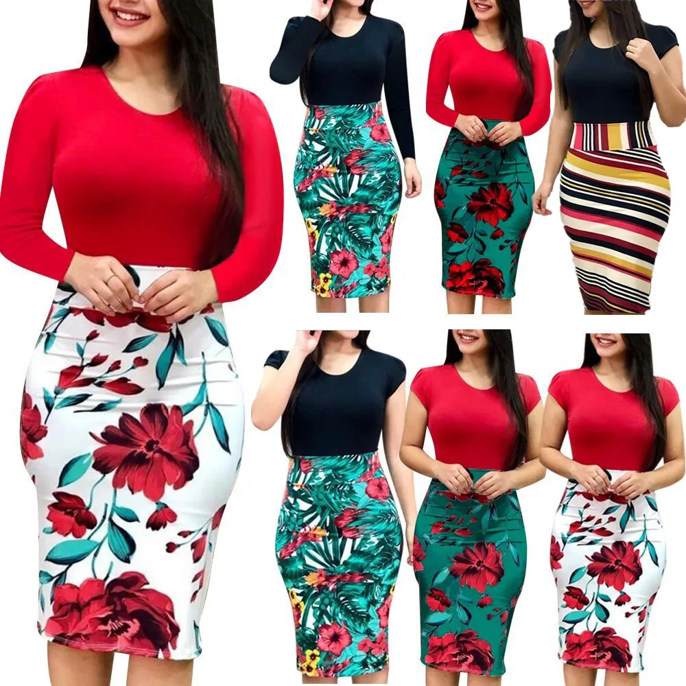 

2021 Hot New Summer Fashion Floral Dress Short Sleeve Color Matching Flower Bodycon Party Dress Plus Size 5XL