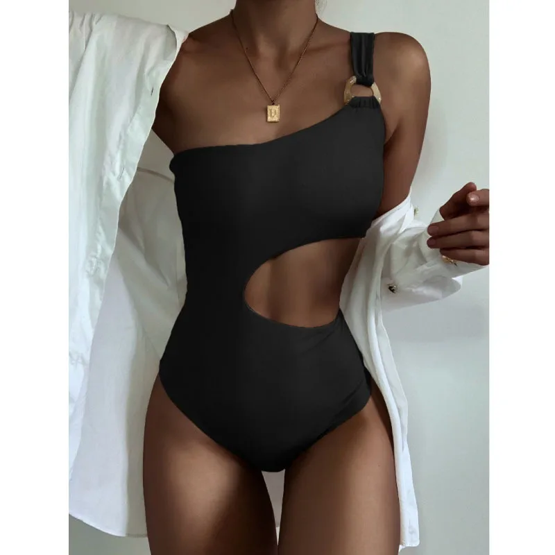 

Women's One Piece Swimsuits New Style Hot One Shoulder Sexy Swimwear Low Cut Solid Color High Legs Asymmetric Bathing Suits