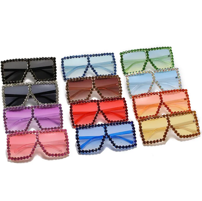 

wholesale custom fashion trendy square oversized luxury bling rhinestone women diamond shades sun glasses sunglasses 2020, 12 colors
