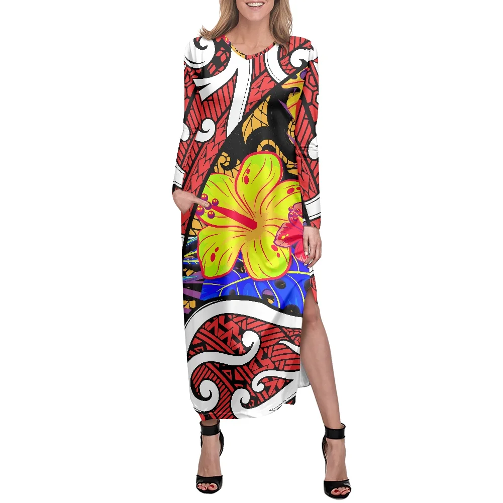 

Drop Shipping Polynesian Women Long Sleeve V-Neck Dresses Custom Hibiscus Sublimation Print Large Size Luxury Design Dresses, Customized color