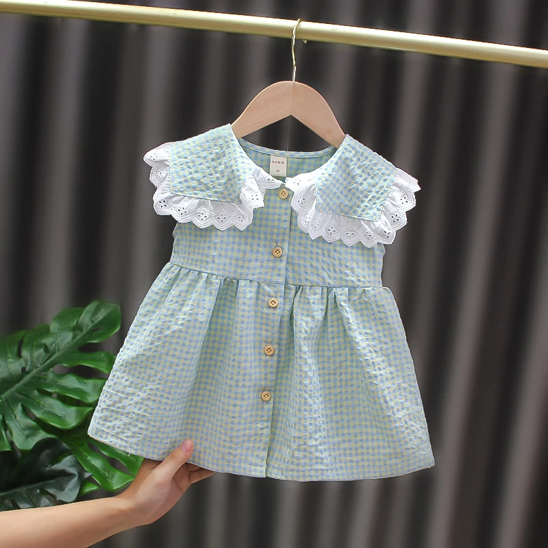 

2021 summer new 1-5 years baby nude sleeveless kids grid printing girl dress