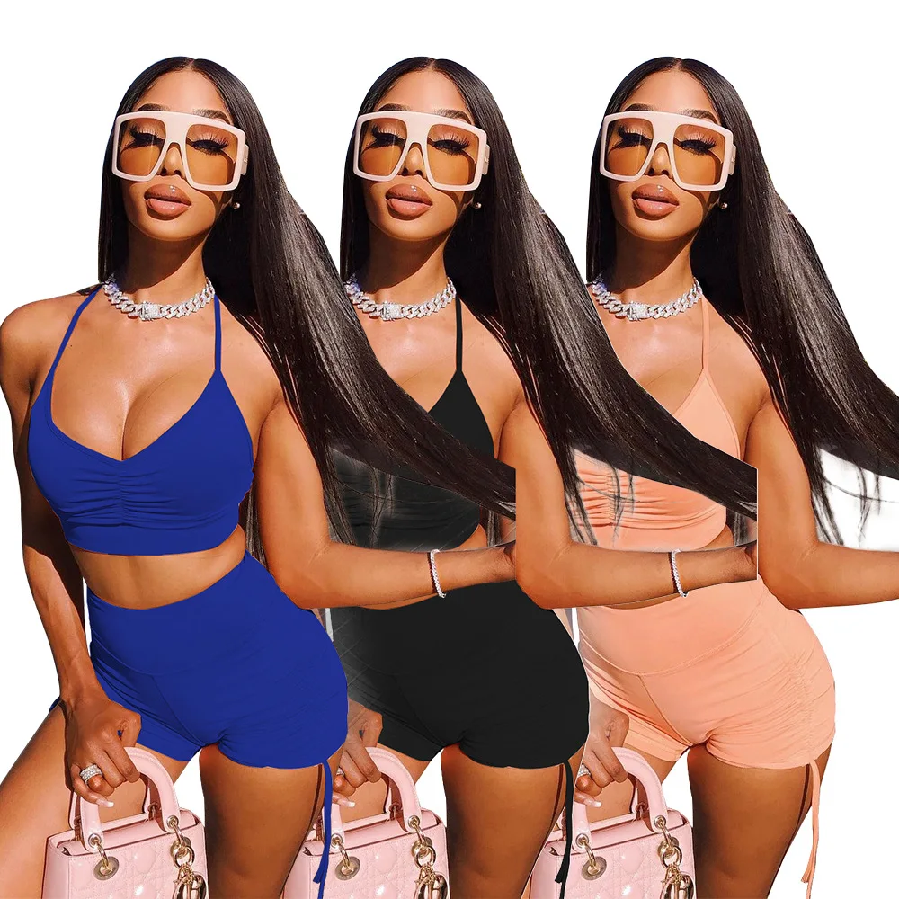 

Wholesale hot sale Neck vest and shorts 2021 summer solid suit 2 piece pants set womens