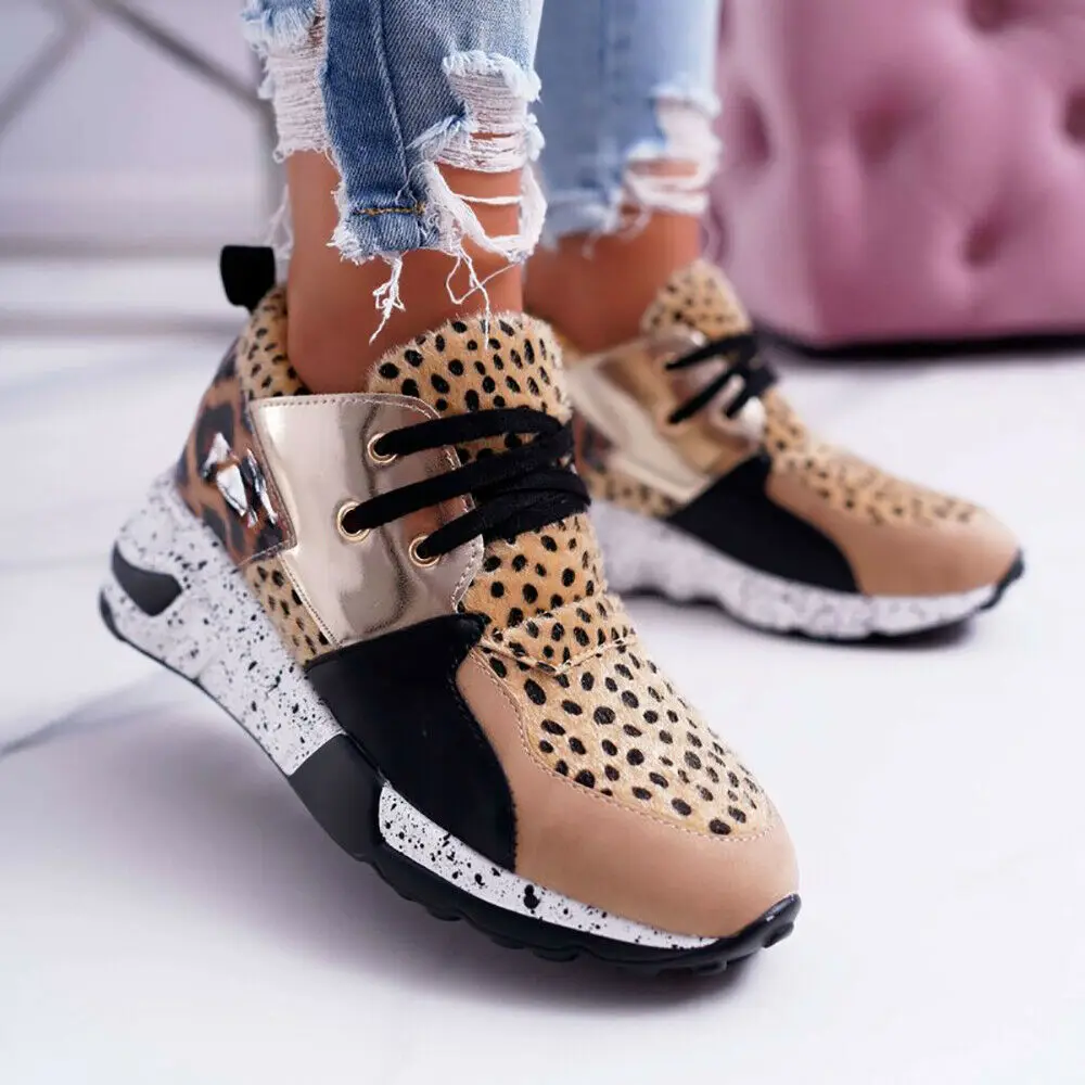 

Women Leopard Animal Print Chunky Trainers Casual Sport Running Gym Sneaker Lace Up Shoes Wholesale UK Drop Shipping US Big Size, 2 colors