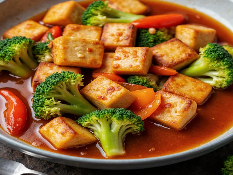 Sweet sour sauce used in vegetable stir fry with tofu and broccoli