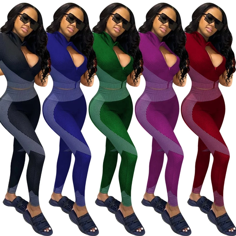 

Fashion Casual Tracksuit V-neck Crop Top Sweatpants Outfits Yoga Two Piece Set For Women Loungewear, Red, purple, gray, blue, green