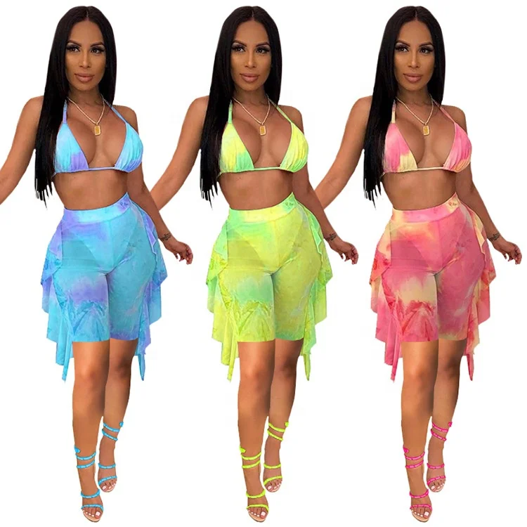 

DLL 2021 sexy bikini high waisted swimsuit short set women beach wear tie dye set women two piece swimsuit