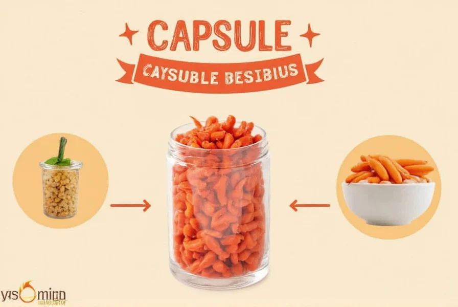 Comparison of different cayenne pepper supplement forms showing capsules, powder, and fresh peppers with labeled capsaicin percentages