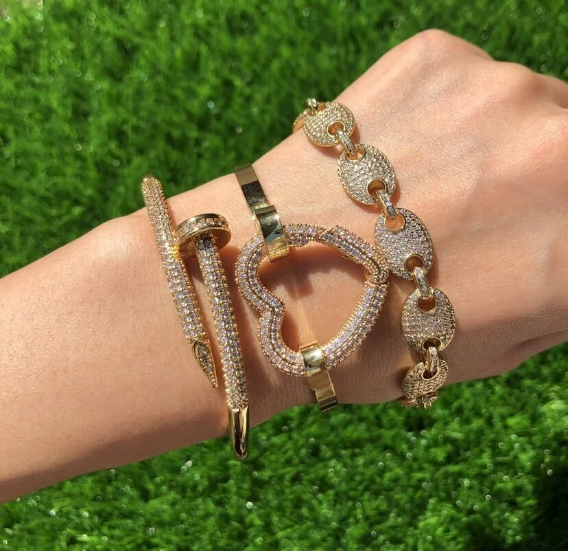 

2021 fashion micropave cuban chain bracelet nail clasp bangle jewelry sets