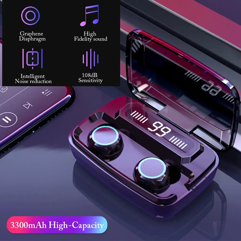 

M11 V5.0 TWS Earphone Touch Control Stereo Sport Wireless Headphones Noise-Reduction Mini Earbuds Headset with Power bank, Black