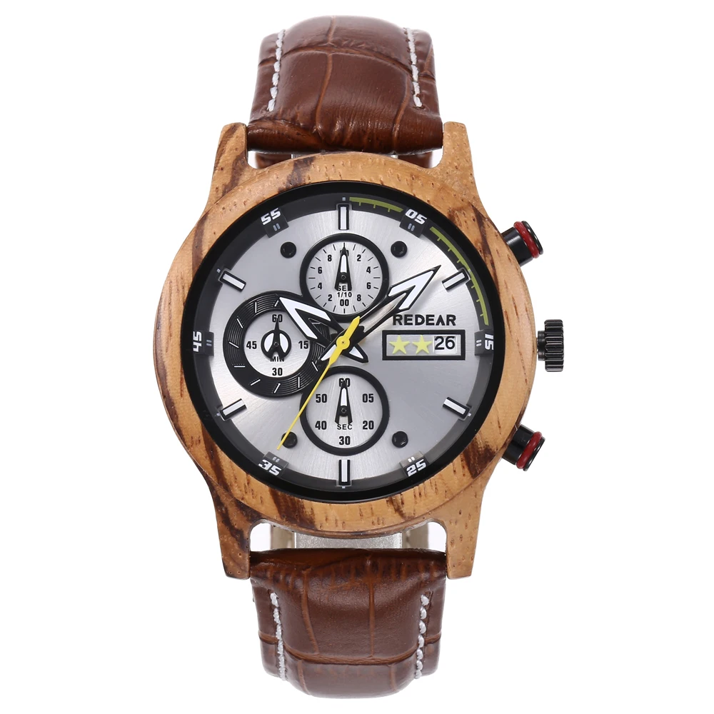 

Luxury watch small three eyes custom logo quartz wrist wooden watch for men, 5 colors