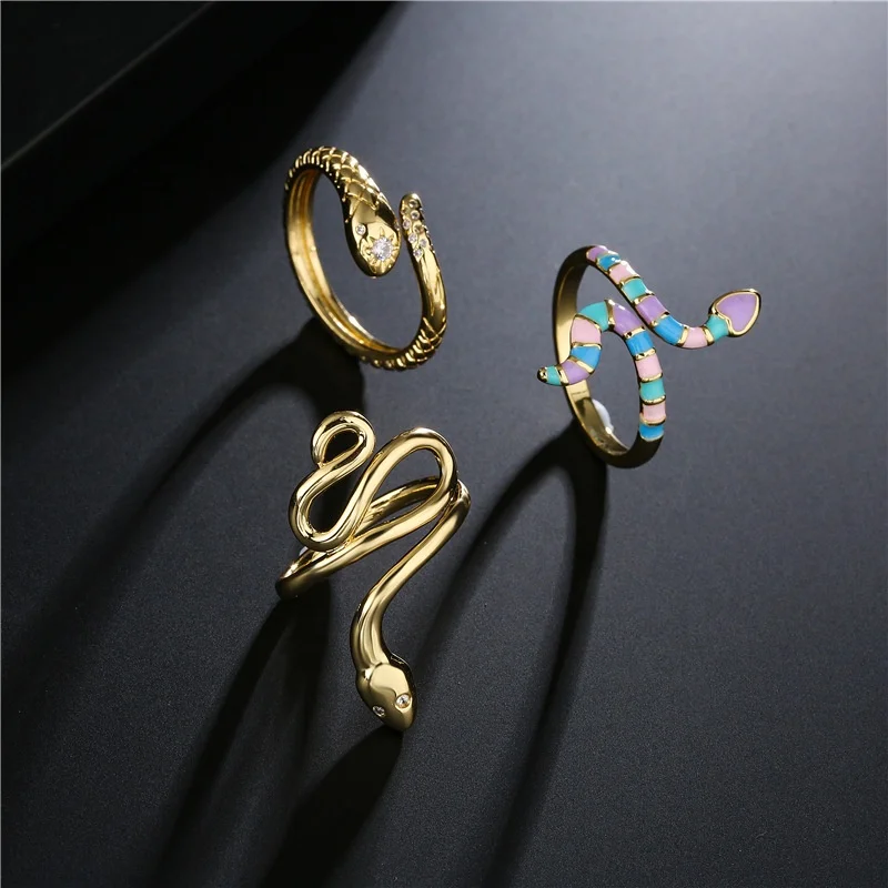 

Hip Hop Punk Jewelry Simple 18K Gold Plated Zircon Snake Index Finger Rings Personality Fashion Open Adjustable Enamel Ring