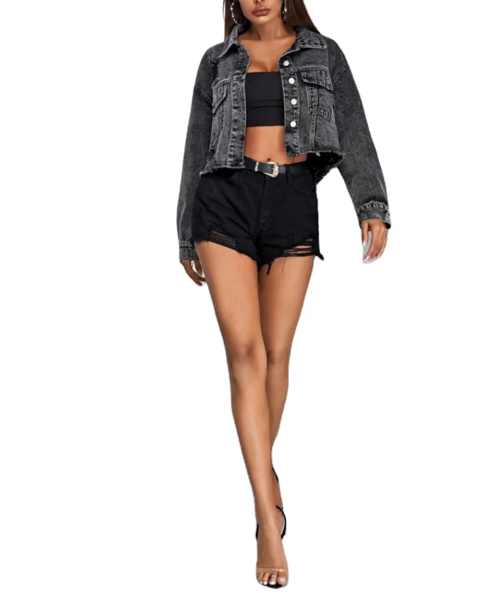 

Cool Style Washed Frayed Hem Ripped Denim Jacket Tops Wholesale, Black