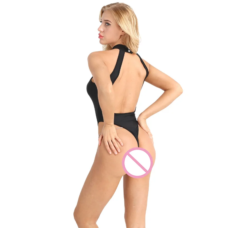 

2021 Women Sleeveless Halter Neck Cutout Backless Open Crotch Lingerie Bodysuit Crotchless Leotard