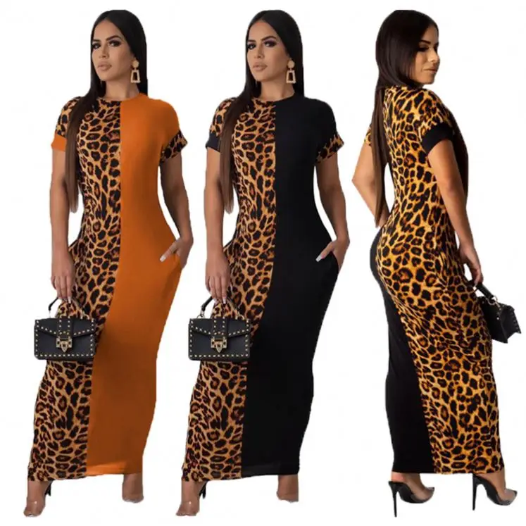9S02718 hot onsale fashion short sleeve leopard patchwork women new fashion casual maxi designer dresses lady