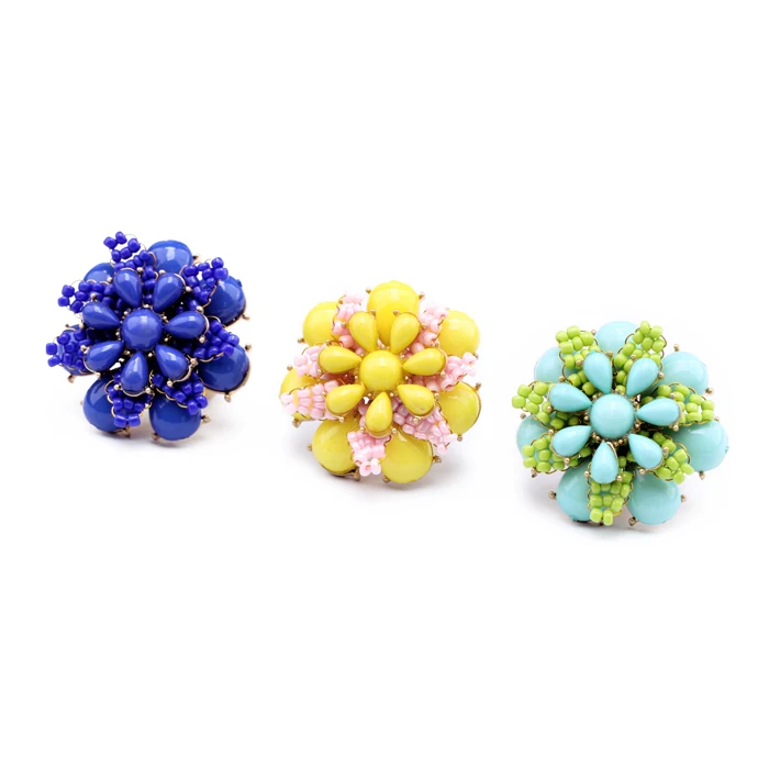 

jz00103 Yellow Blue Green Resin Fancy Flowers Gold Plated Chinese Superstar Fashion Floral Chunky Statement Rings for Women