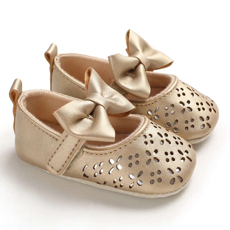 

Wholesale Fancy Cute Newborn Baby Girl Shoes Gold Bow Leather Flats, As picture