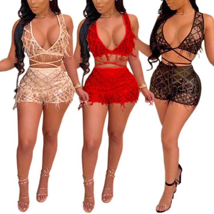 

Sexy lace transparent ladies night club wear women 2 piece short set