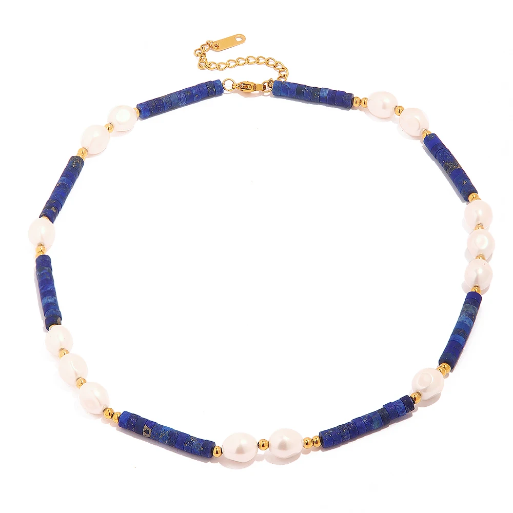 

New Arrival Pearls Necklace Blue Lapis Stone Bead Freshwater Pearl Necklace for Women