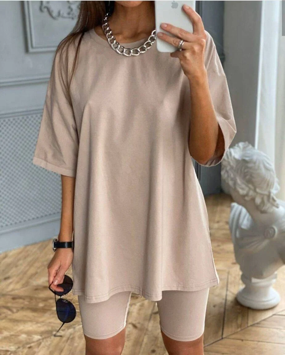 

Women 2 Piece Outfit Sets Casual Oversized T-Shirt Tops Biker Shorts Workout Sport Tracksuit with Belt