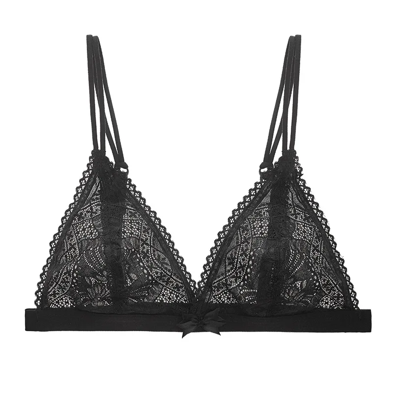 

New Style French Black Sexy Lingerie Smeless Bras Transparent Lace Wire Free Bra Fashion Underwear for Women, Black gold beiget