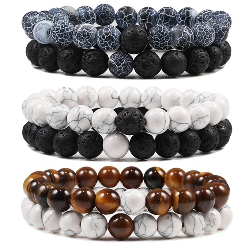

Black White Couples Bracelet Sets Natural Lava Stone Tiger Eye Beaded Yoga Bracelets for Men Women Elastic Rope Jewelry, Customized color