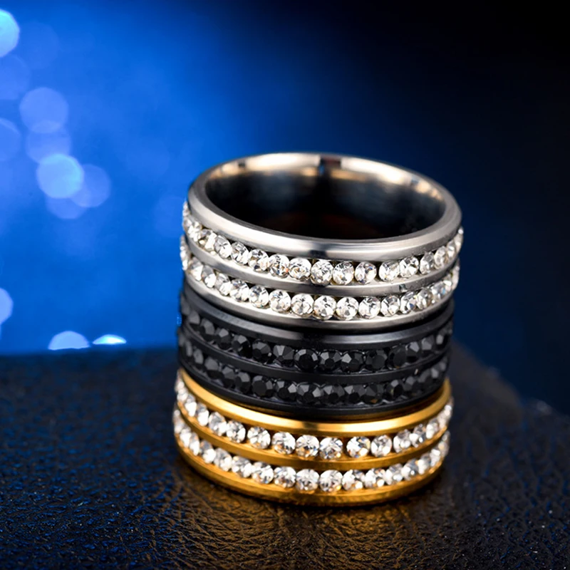 

JZ004-51 Explosive Titanium Steel Double Row Diamond Ring Fashion Stainless Steel Diamond Couple Ring Women's Jewelry, Black,silver,gold,rose gold