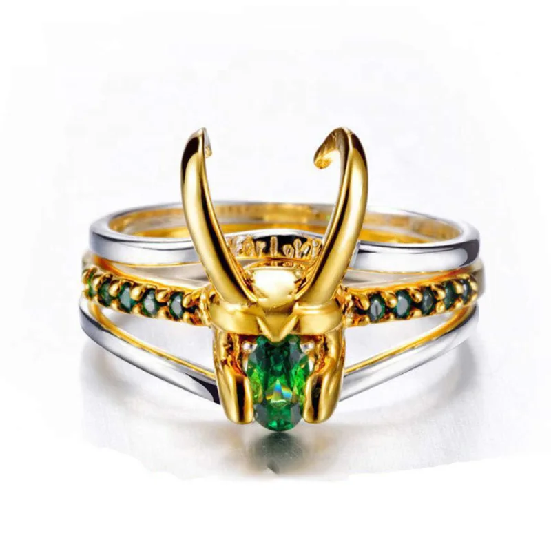 

Three In One Ring Loki Thor 18K Gold Plated Green Diamond Ring Cosplay Anime Accessories Loki Helmet Ring for Couple Jewelry