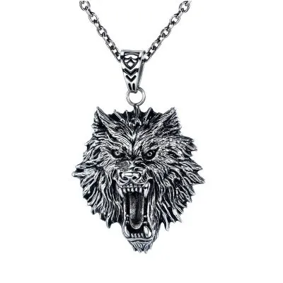 

European Gothic Stainless Steel Animal Wolf Pendant Necklace Viking Engraved Wolf Head Necklace