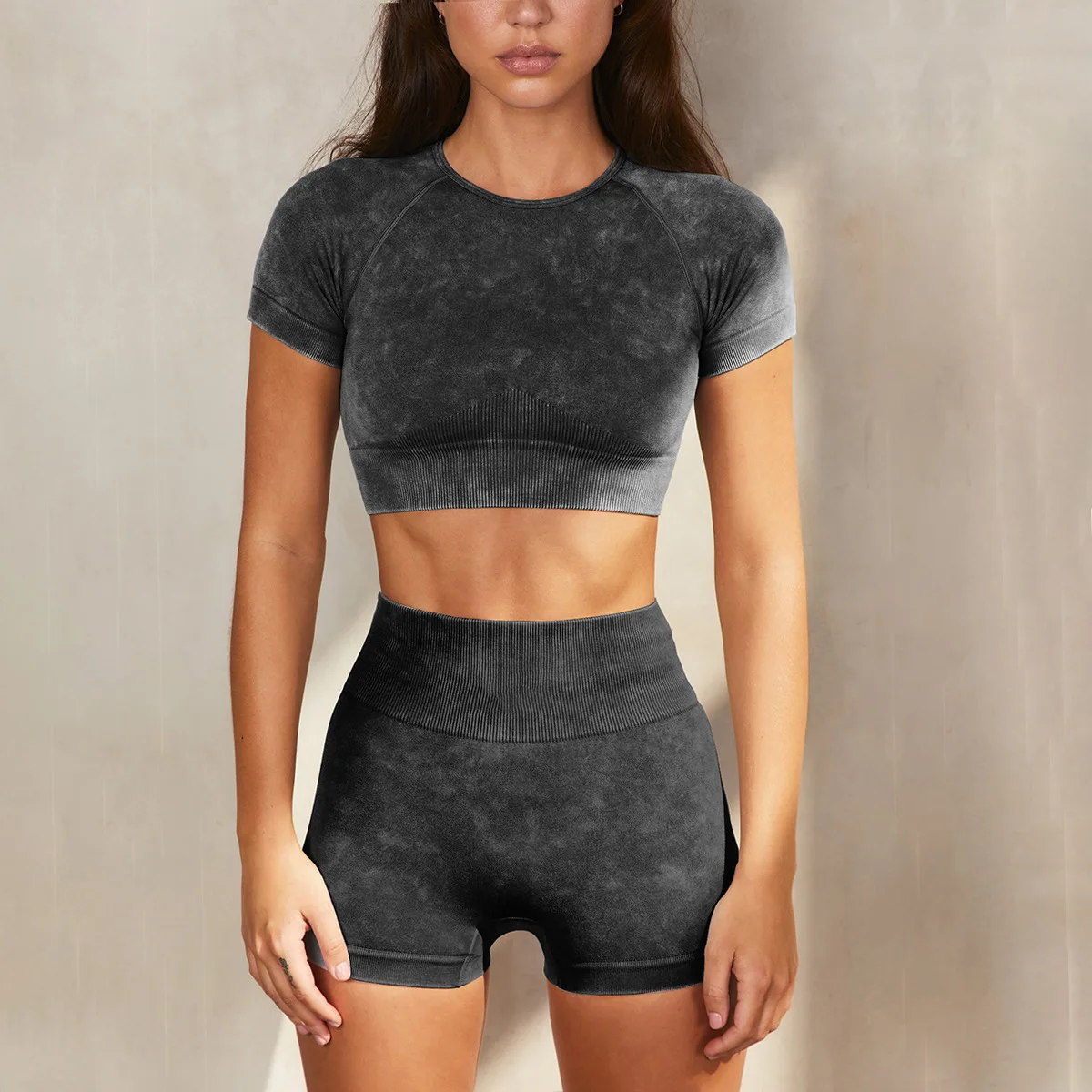 

Top Quality washed Seamless Active Wear Short Sleeve T shirt with Shorts Two Piece Yoga Set Women Gym Fitness Set