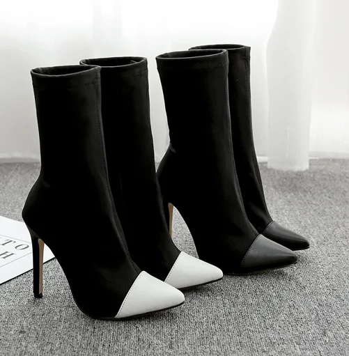 

SZL335-3 plus size women boots autumn new black and white pointed elastic cloth ultra-fine high heels