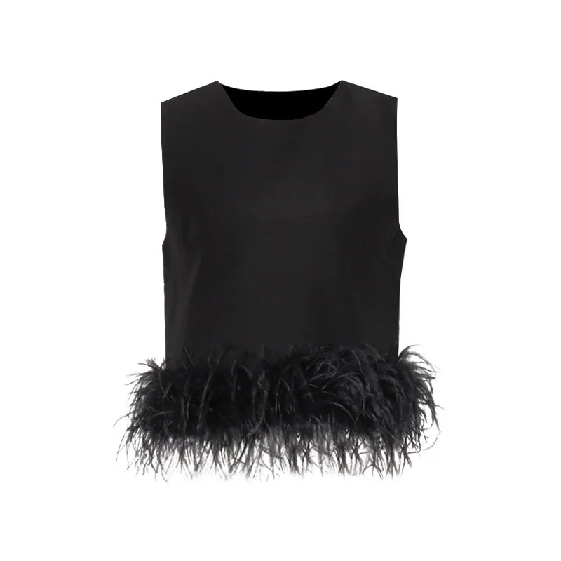 

Ostrich Feathers Tricot Knitted Vest Female Loose Summer Women's Outwear Crop Tank Tops For Woman, White,black