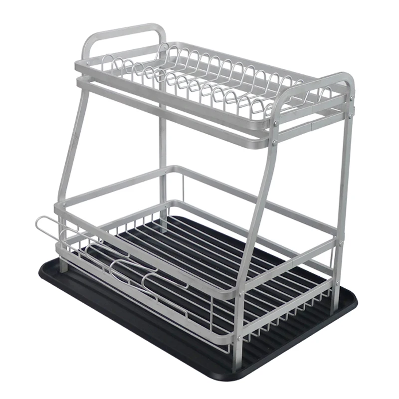 2 Tier Dish Rack Fog Silver Aluminum Dish Drying Rack Kitchen Organizer