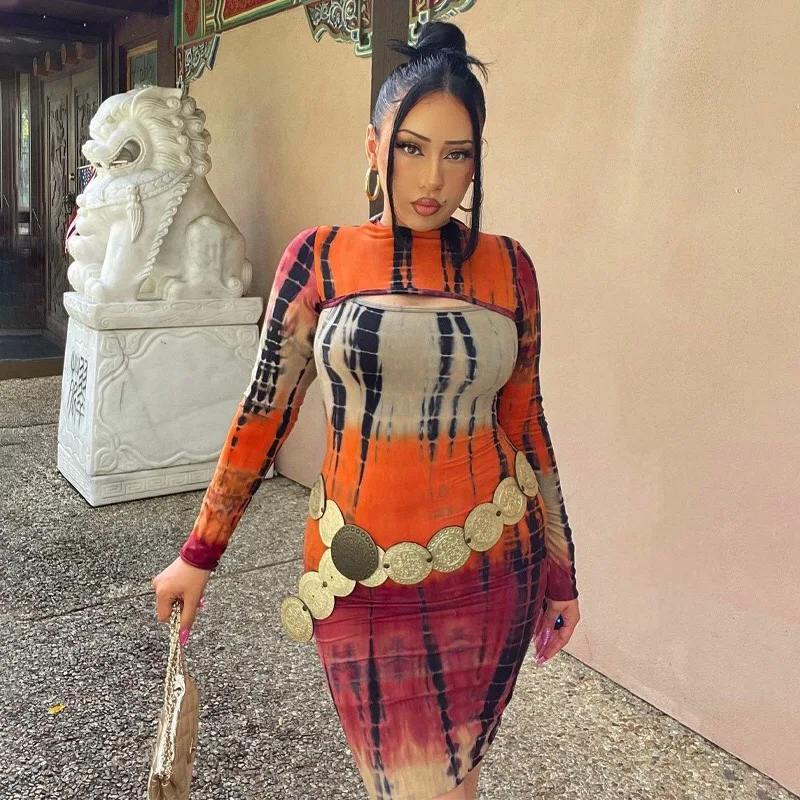 

Wholesale Items For Business Cyber Hot Selling New Arrival Tie Dye Print Sexy Cut Out Club Party Sexy Bag Hip Dresses