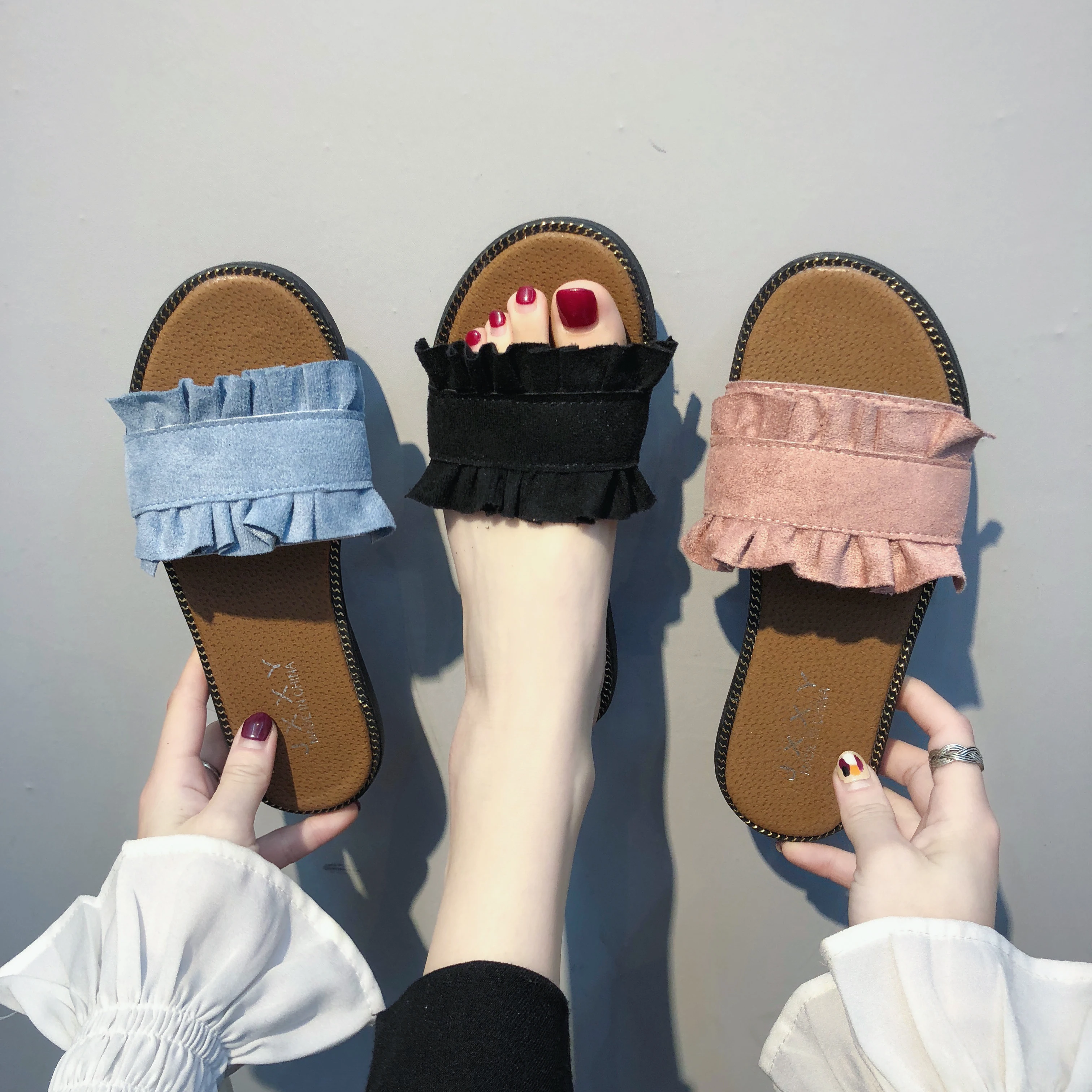 

PDEP 2021 Women fashion Sandals Summer Women Slides Open Toe Slippers Ladies Flat falbala casual Sandals shoes