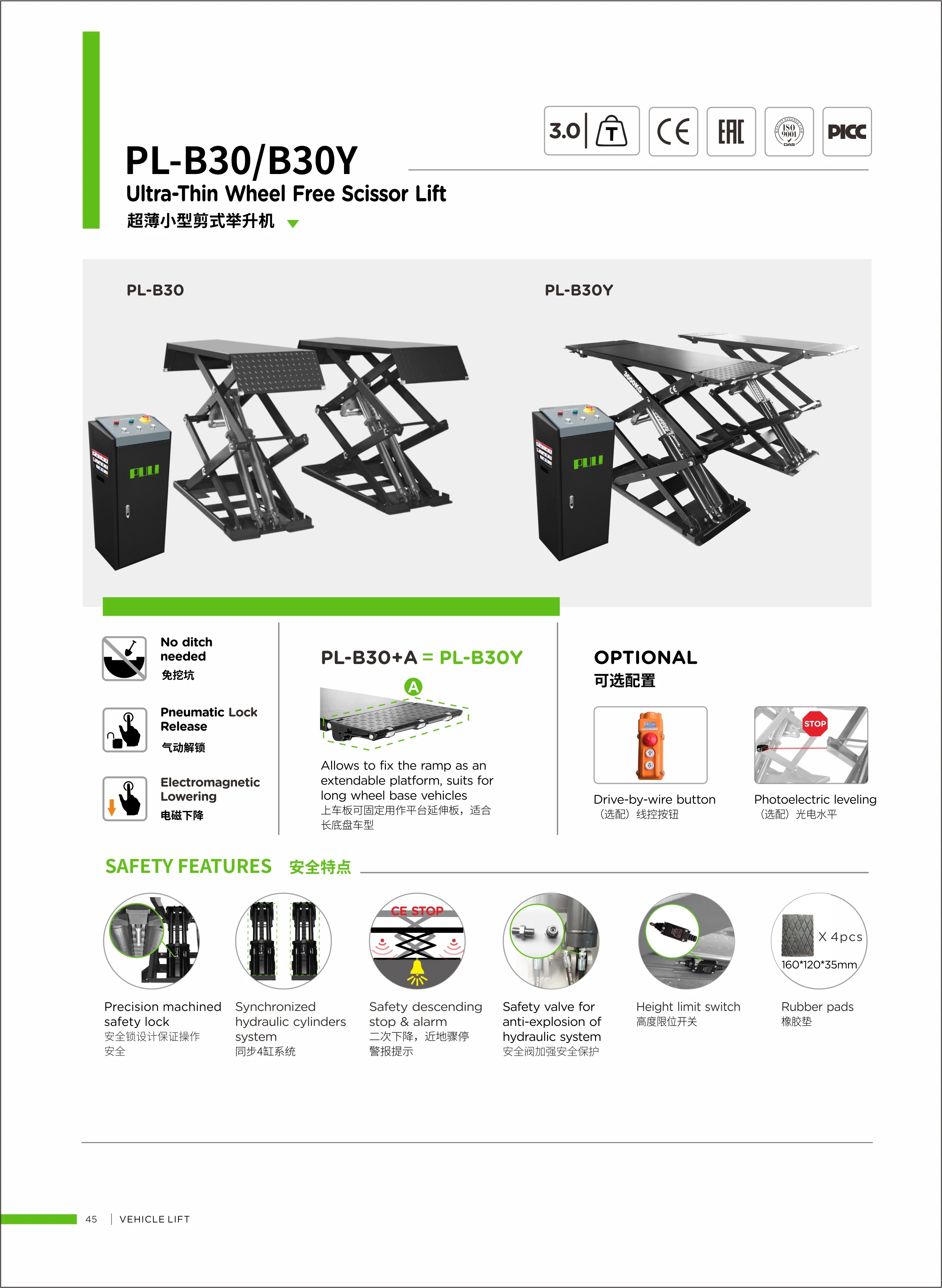 PULI 3.0T Capacity Low Profile Car Scissor Lift PL-B30Y - Portable ...