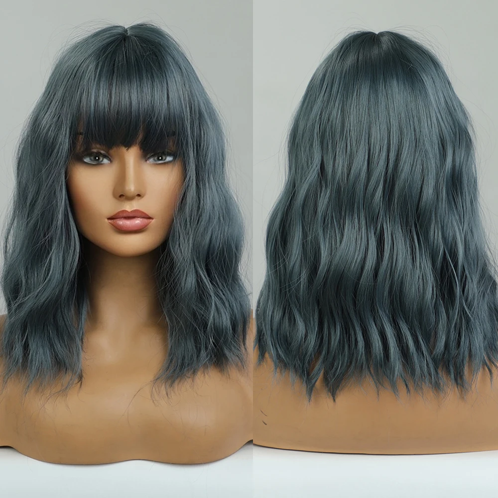 Blue Wig Mid-Long Hair Wave African Wig Women's Heat Resistant Fiber Matte Durable Real Photo Wave Curl