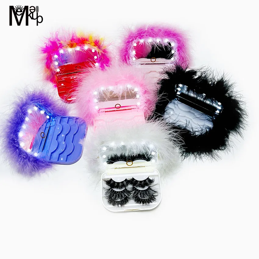 

natural eyelash empty led light mirror box custom private label wholesale real mink led mirror case 25mm mink lashes, Many colors to choose,customized accept