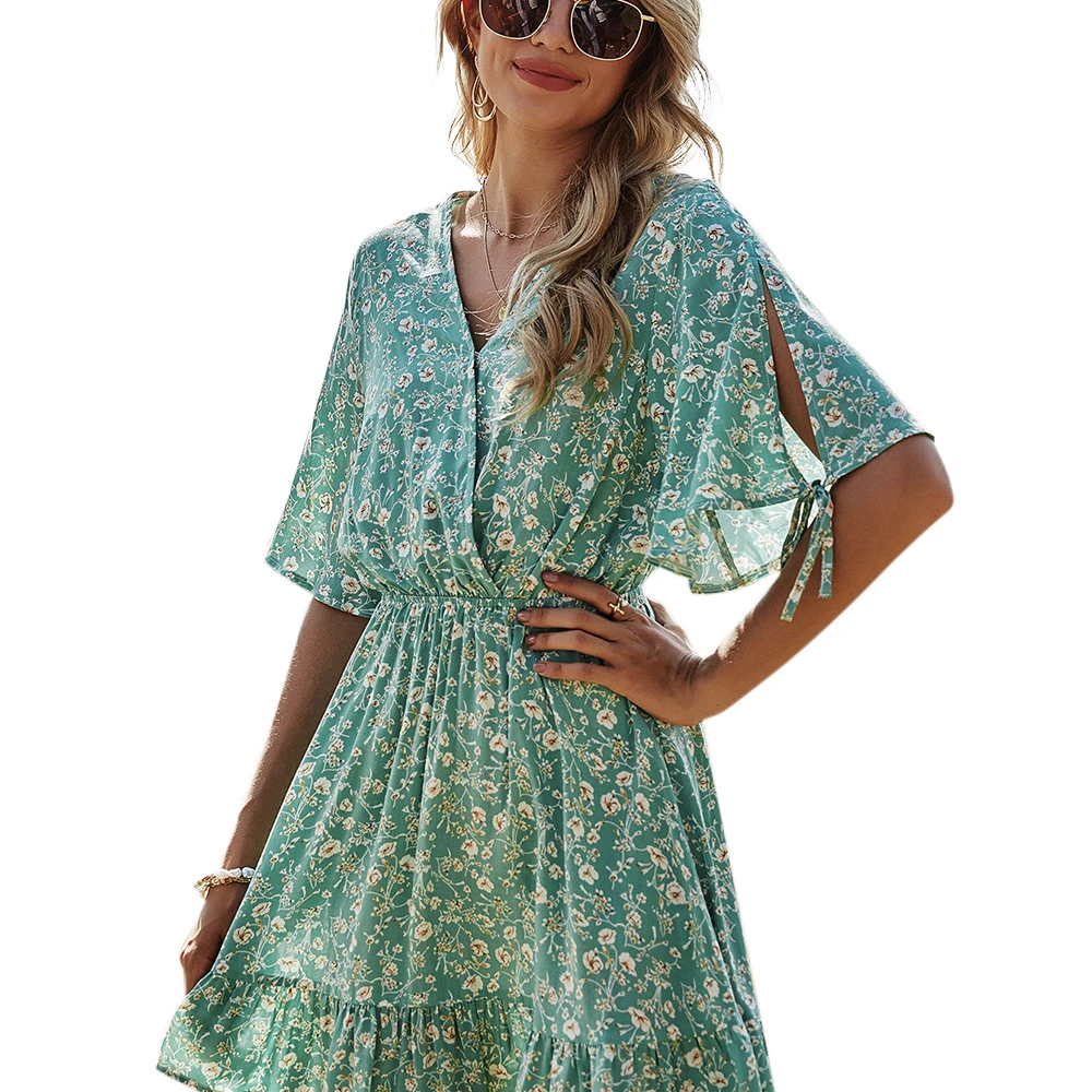 

2021 spring new women's pleated elastic waist short-sleeved floral dress V-neck a-line skirt, As picture