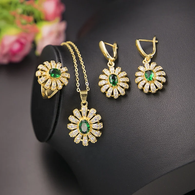 

US DESIGN FASHION PARTY JEWELRY SET FLOWER GREEN DIAMOND WOMEN EARRING WEDDING NECKLACE 925 SILVER