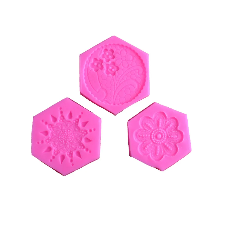 

3 type new rhombus lace round cake silicone mold diy decorating flowers fondant baking tool, As picture