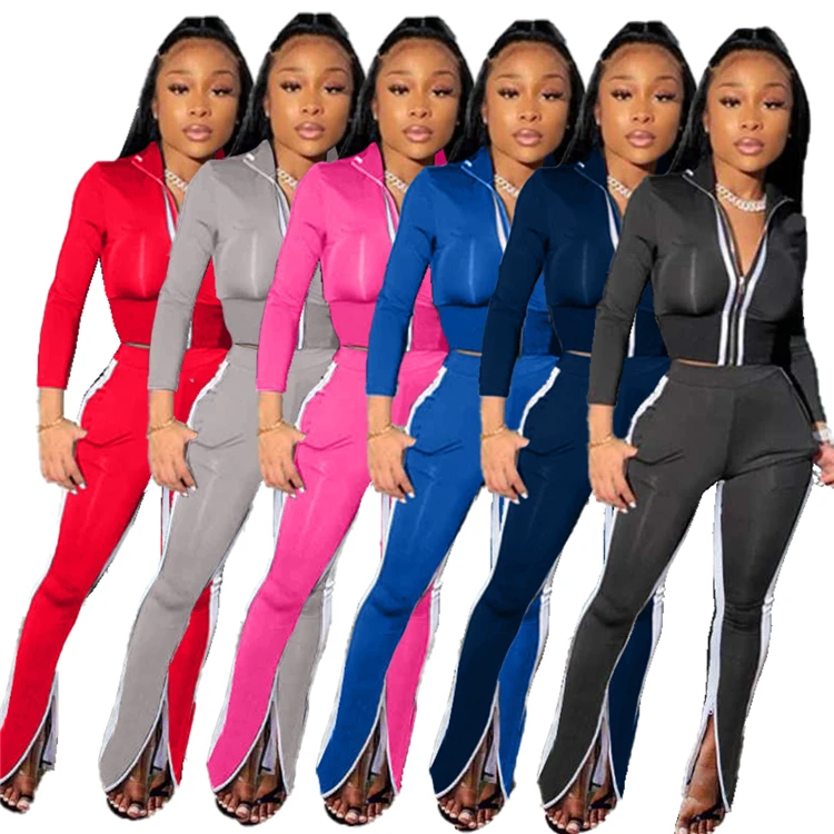 

2020 Autumn Ladies 2 Pcs Tracksuit Long Sleeve Zipper Tops Split Pants Skinny Cozy Jogging Clothing Two Piece Women Set, Soild
